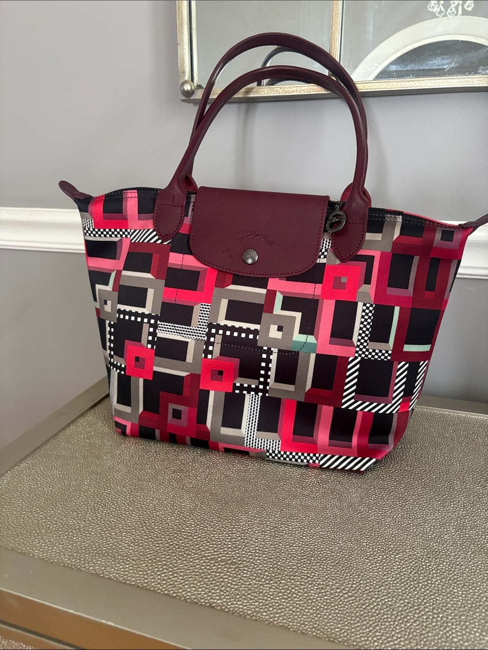 Longchamp pink and burgundy tote
